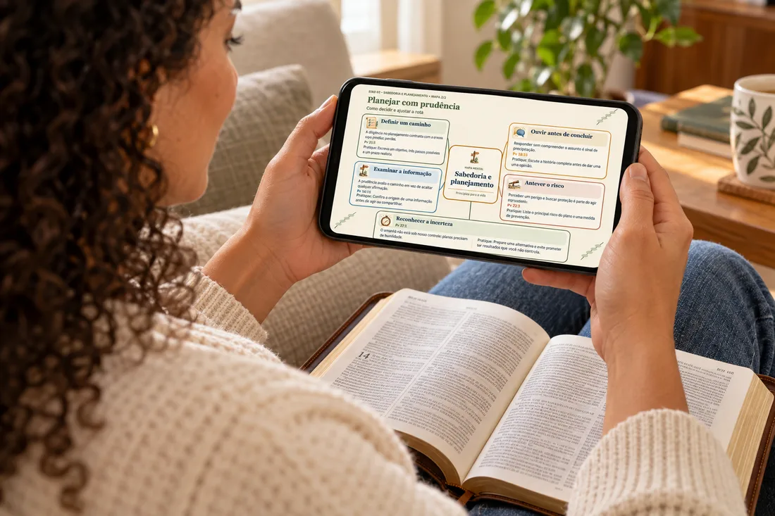 Mulher no sofá segurando um celular que exibe o mapa mental “Sabedoria e planejamento” de Prosperidade em Provérbios, com uma Bíblia aberta no colo.