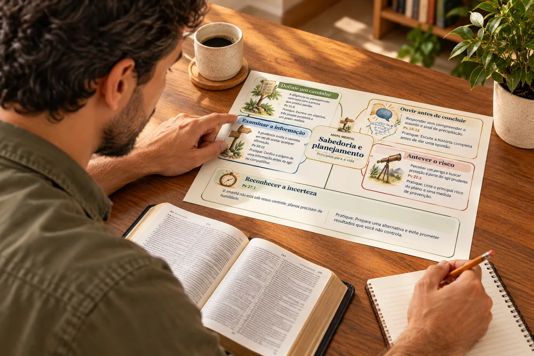 Homem à mesa com o mapa mental impresso de “Sabedoria e planejamento” ao lado de uma Bíblia aberta, anotando em um caderno.
